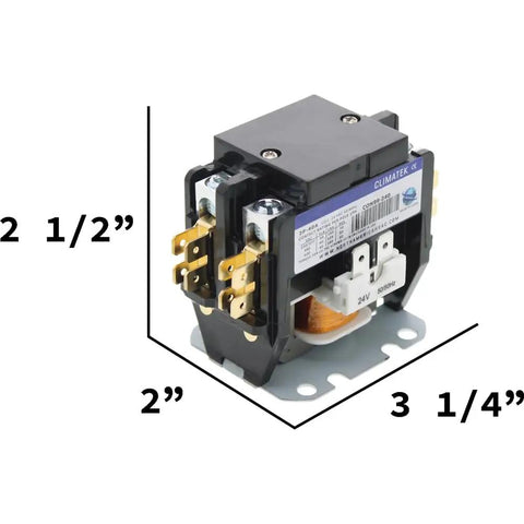 Side view of Two Pole 40 Amp 24 Volt Condenser Contactor Relay showing dimensions, sealed contacts, heavy-duty upgrade for AC systems