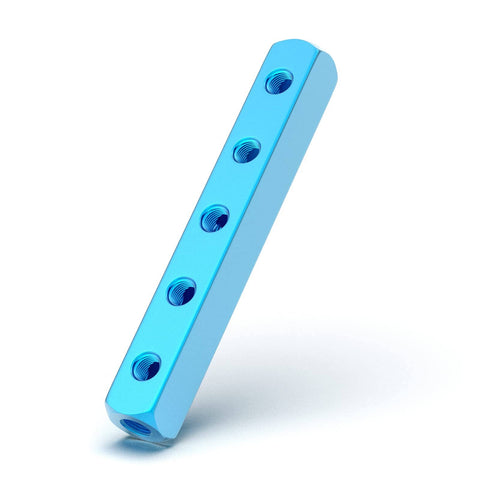 Blue Five Way Eight Port Pneumatic Manifold Block Aluminum Air Distribution Block For Compressed Air Systems One Quarter Inch High Flow Air Path