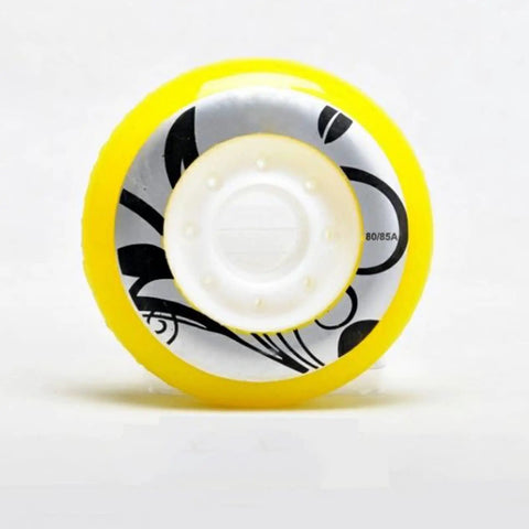 Close-up of yellow replacement wheel from 8 Pack Inline Skate Wheels 72mm 76mm 80mm for Indoor Outdoor Use with 80 85A hardness.
