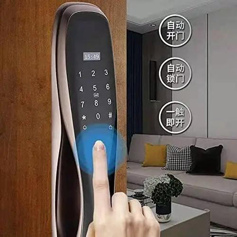 Heavy Duty Smart Door Lock Featuring Biometric Fingerprint Scanner App Control Passcode Entry Built In Theft Alarm And Long Lasting Battery For Dead Simple Home Protection Setup with touchscreen keypad.