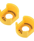 Yellow 30mm push switch protective cover with emergency stop warning circle, 2-pack, durable plastic shield for industrial switches.
