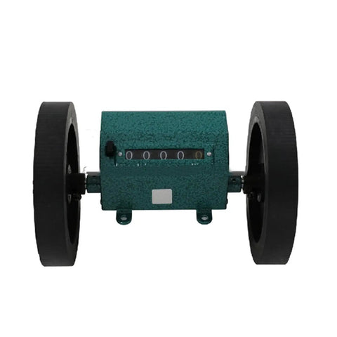Rolling Wheel Length Counter For Yard And Construction Stainless Steel Distance Tracker With Reset Dial front view showing wheels and mechanical counter.