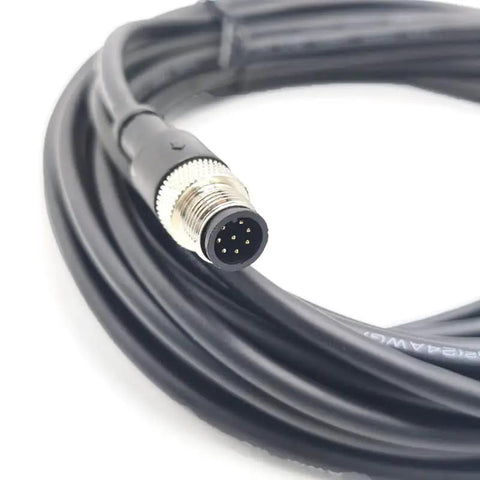 8 Pin M12 Double Male Straight Circular Connector Cable A Code IP67 Waterproof Unshielded PVC Wire, brass contacts, coiled view