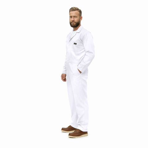 Heavy Duty Mens Long Sleeve Zip Up Coverall Built From Premium Poly Cotton Twill To Crush The Daily Grind Stain Resistant Wrinkle Proof Cool Comfort White Medium worn by a man standing.