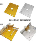 Set Of 3 Shop Grade Aluminum Router Table Insert Plates Rock Solid Wood Milling Replacement Inserts With Crisp Etched Scales Tight Flush Mounting Base For Smooth Flip Trimming And Killer Pro Upgrades, showing gold and silver plates.