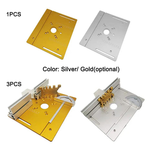 Set Of 3 Shop Grade Aluminum Router Table Insert Plates Rock Solid Wood Milling Replacement Inserts With Crisp Etched Scales Tight Flush Mounting Base For Smooth Flip Trimming And Killer Pro Upgrades, showing gold and silver plates.