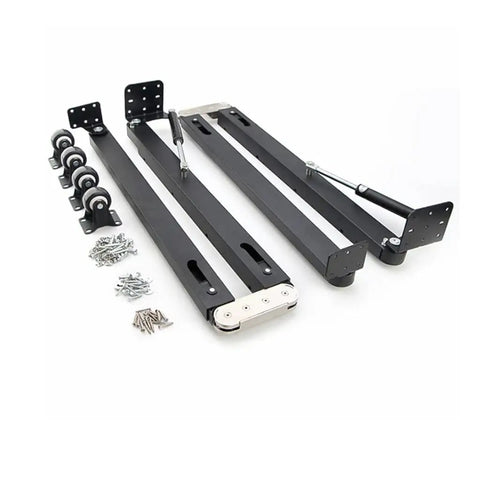 Beefy 80KG Heavy Duty Hidden Desk Hinge with space saving fold down table connector, aluminum alloy and steel, components and screws shown