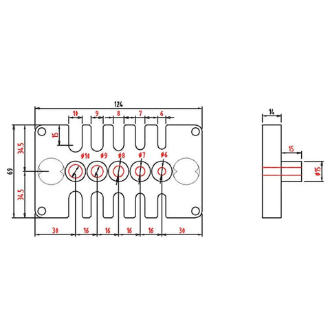 Technical drawing of Punch Positioner Dowel Jig 3-In-1 Drill Guide Block For Woodworking with dimensions and measurements.