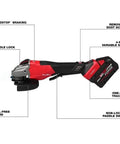 Heavy Duty Brushless Angle Grinder Kit Featuring Variable Speed Control And Anti Vibration Grip For 4.5 To 6 Inch Cutting Discs, side view with features labeled.