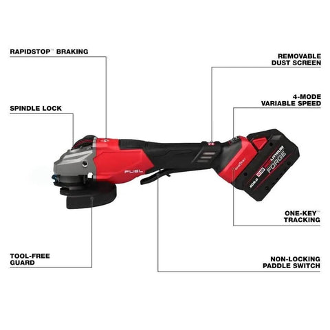 Heavy Duty Brushless Angle Grinder Kit Featuring Variable Speed Control And Anti Vibration Grip For 4.5 To 6 Inch Cutting Discs, side view with features labeled.