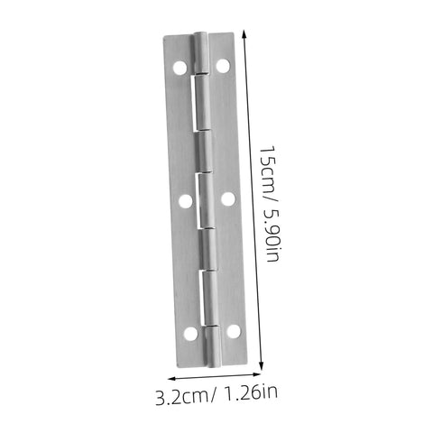 Stainless steel continuous piano hinge, 15 cm long and 3.2 cm wide, for cabinets and doors.