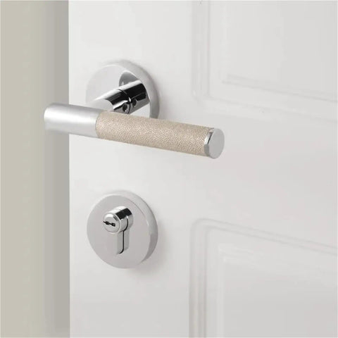 Lychee Skin Door Lock Set In Brass Gray For Modern Interior Doors with dummy handle shown on white door