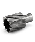 Annular cutter with spiral flutes and cylindrical shank; 1-3/8-inch cutting diameter.