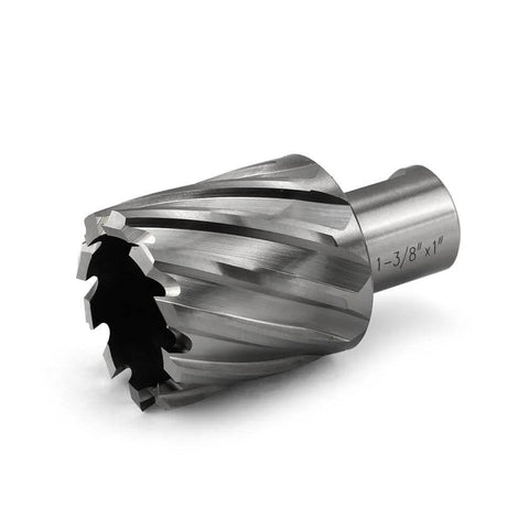 Annular cutter with spiral flutes and cylindrical shank; 1-3/8-inch cutting diameter.