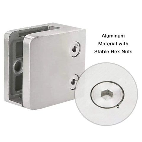 Close-up of Aluminum Square Glass Clamp Flat Back 1/4 To 3/8 Inch Glass Matte Black 4 Pack with stable hex nuts detail