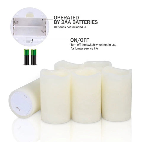 Flickering Flameless LED Candles Real Wax Pillar Set Of 6 With 10 Key Remote Control, battery compartment details shown