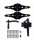 Wood Gate Hardware Set With Heavy Duty 8-Inch Decorative Strap Hinges And Spring Loaded Latch Kit With Screws For Outdoor Fence Swing Gates In Black Finish Durable Steel Construction For Long-Lasting Reliability.