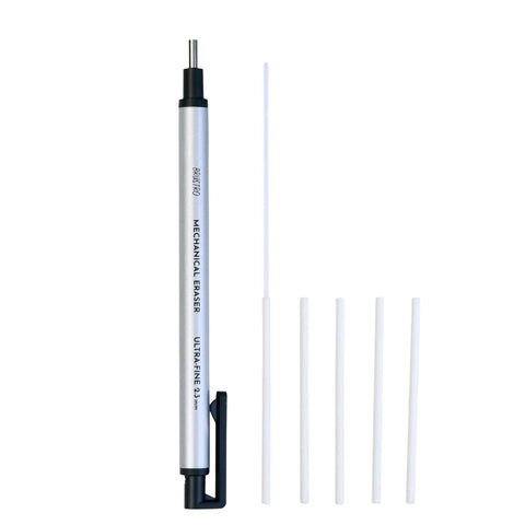 Pro Grade Mechanical Retractable Eraser With 2.3mm Ultra Fine Tip, 5 Refills And Plastic Holder, Clean, Precise Erasing For Technical Drawings, Charcoal And Graphite Sketches, White