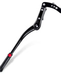 Black adjustable-height rugged mountain bike kickstand for 24-28 inch bikes, quick install side stand that keeps ride propped on gravel or pavement.