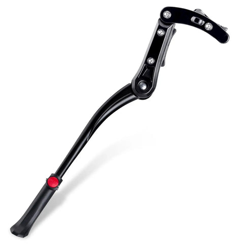 Black adjustable-height rugged mountain bike kickstand for 24-28 inch bikes, quick install side stand that keeps ride propped on gravel or pavement.