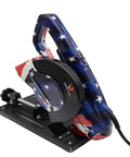6 Inch Chop Saw Cut Off Saw With 610W Motor, 8000 RPM, 120V corded metal cutting tool with American flag design, side view.