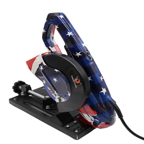 6 Inch Chop Saw Cut Off Saw With 610W Motor, 8000 RPM, 120V corded metal cutting tool with American flag design, side view.