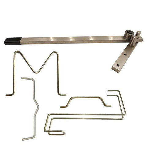 Heavy Duty Mini Tubing Bender And Rod Forming Tool For Stainless Steel Built To Bend Mild Steel Rods, shown with bent rods on desk