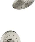 Fluent Shower Trim Kit With Double Ceramic Pressure Balance Cartridge In Brushed Nickel Finish, round showerhead and valve handle shown