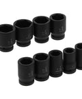 Fresh Nine Piece Deep Impact Wrench Socket Kit For Tough Auto Jobs With High Torque Rating And Etched Size Markings For Quick Easy Grip On Cars And Trucks Today, 9 black iron sockets