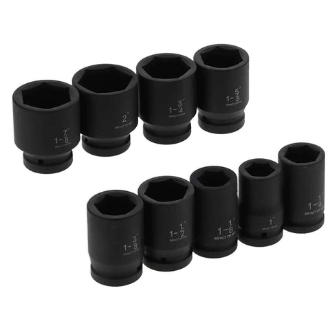 Fresh Nine Piece Deep Impact Wrench Socket Kit For Tough Auto Jobs With High Torque Rating And Etched Size Markings For Quick Easy Grip On Cars And Trucks Today, 9 black iron sockets