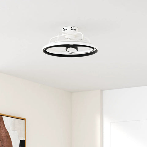 Flush Mount Ceiling Fan With Lights 19.69 Inch, 55W low profile LED ceiling fan, white finish, ceiling mounted view in living room