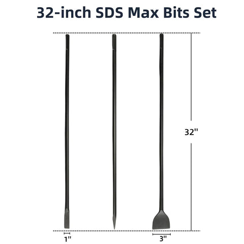 32 Inch SDS Max 3 Piece Chisel Set With 1 Inch Flat Chisel 1 Inch Point Chisel And 3 Inch Scaling Chisel For Masonry Concrete Brick Stone Demolition Rotary Hammer Drill 40Cr Steel Heavy Duty