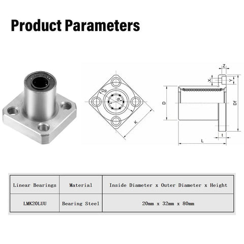 LMK20LUU 20mm Linear Ball Bearings Double Sealed For 20mm Linear Shaft CNC Machines diagram and dimensions