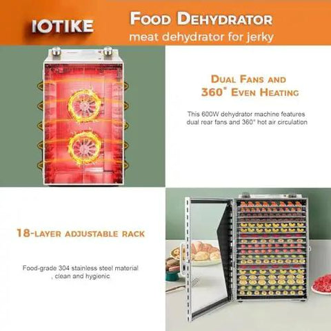 Top Shelf Electric Food Dehydrator Built Tough From Heavy Duty Stainless Steel With Six Roomy Trays Tuned By Smart Timers And Steady Dials Ideal For Slow Curing Fruits Lean Beef Jerky Soft Pet Bites Or Garden Greens Zero Fuss Daily Success showing dual fans and 18-layer adjustable rack.
