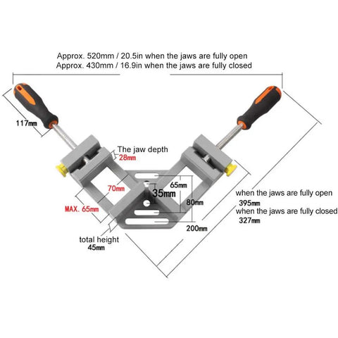 Heavy Duty Right Angle Clamp 90 Degree Corner Clamping Tool for Woodworking and Metal Frames with dimensions and handles visible