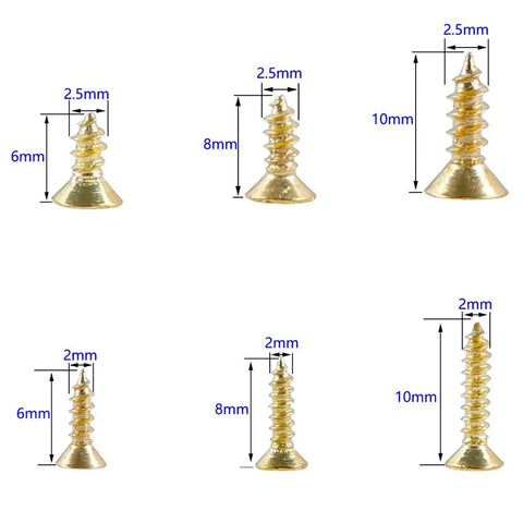 Gold Finish 1200Pcs Tiny Phillips Flat Head Self Tapping Screws Set, six sizes from 2x6mm to 2.5x10mm, shown in close-up view.
