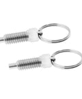 Top Shelf Stainless Steel Spring Plunger With Pull Ring, Retractable Nonlocking Index Pin, 360 Degree Rotate Mount, Rustproof Heavy Duty Hardware, No Fuss 2 Pack Metric Kit close-up of two stainless steel spring plungers with pull rings.