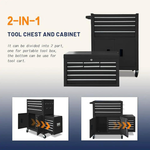 Heavy Duty Tool Chest And Rolling Cart Combo, Built Tough With Cold Rolled Steel, Smooth Ball Bearing Glides, Secure Locking Cabinet, Rock Solid Garage Workhorse Mobile Storage Organizer For Any Shop Setup In Black