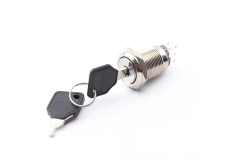 Heavy Duty 19mm Rotary Key Switch Lock DPDT 6 Pin 2NO 2NC Latching 3 Position Key Lock with attached keys on white background