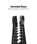 Close-up of serrated nose on Pro Grade Workhorse Wire Stripper With Built In Cutter For Solid And Stranded Copper Wire 10-20 AWG.