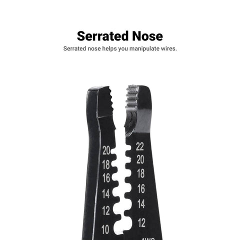 Close-up of serrated nose on Pro Grade Workhorse Wire Stripper With Built In Cutter For Solid And Stranded Copper Wire 10-20 AWG.