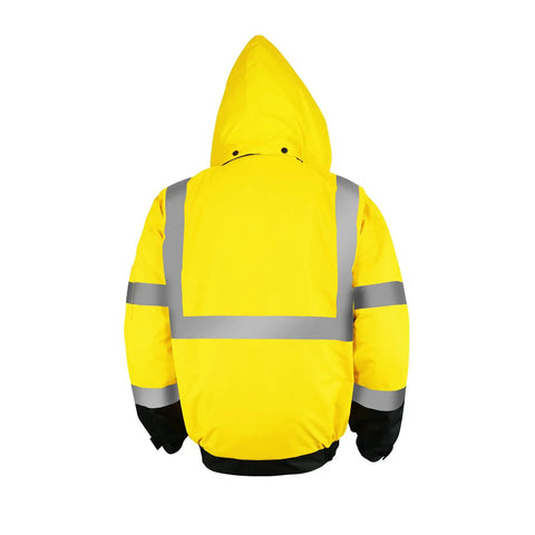 Back view of High Visibility Reflective ANSI Class 3 Bomber Jacket for Men Waterproof Safety Workwear Yellow Large with hood and reflective stripes