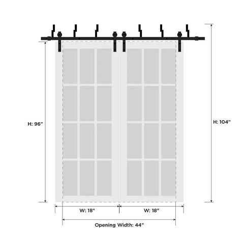Diagram of Frosted Glass Sliding Barn Closet Doors With Hardware Set For Bedroom, 6.6ft Rails, Two 24x96 Panels, 44" opening width