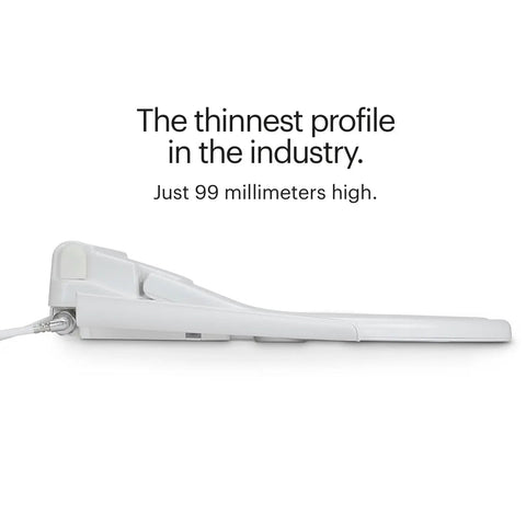 Knockout Comfort And Built Like A Tank Commercial Bidet Toilet Seat With Heated Cushion And Warm Air Dryer Featuring Open Front Lidless Design Side Control Arm And Self Cleaning Stainless Steel Nozzle For Hotels And Offices In White, profile view showing 99mm height.