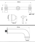 Technical drawing of Brushed Nickel Tub Faucet With Wall Mounted Spout 3-Hole High Flow Tub Filler 2-Handle Valve And Trim Kit.
