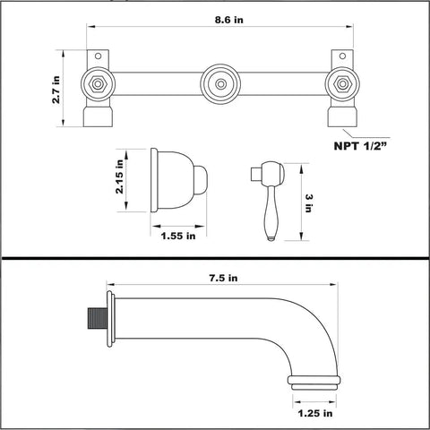 Technical drawing of Brushed Nickel Tub Faucet With Wall Mounted Spout 3-Hole High Flow Tub Filler 2-Handle Valve And Trim Kit.
