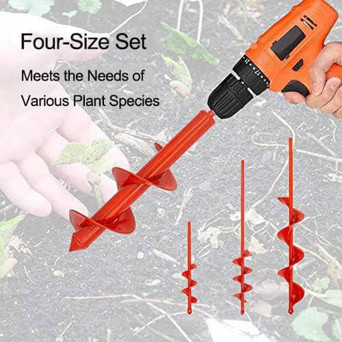 Front view of MAXCCINO four-size orange garden auger drill bit set for 3/8-in hex drive drills.