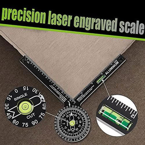 Aluminum miter saw protractor with built-in level and laser-engraved scale