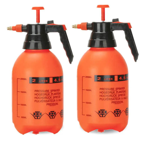 Two Pack 2L Handheld Garden Pump Sprayers with Adjustable Brass Nozzle, Orange, for Plants and Weeds, Rustproof Tips