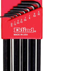 Set of inch-sized ball end hex L keys in red holder, part of Ball End Hex L Key Allen Wrench Set With Inch And Metric Sizes, USA made.
